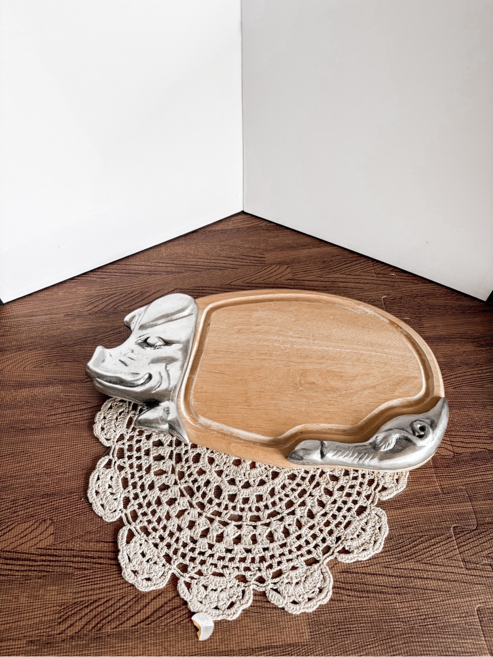 Vintage Silver and Natural Wood Pig-Shaped Serving Tray
